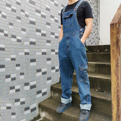 Men's Overalls Jumpsuit Large Size Strap Straight Blue Jeans With 7 Pockets
