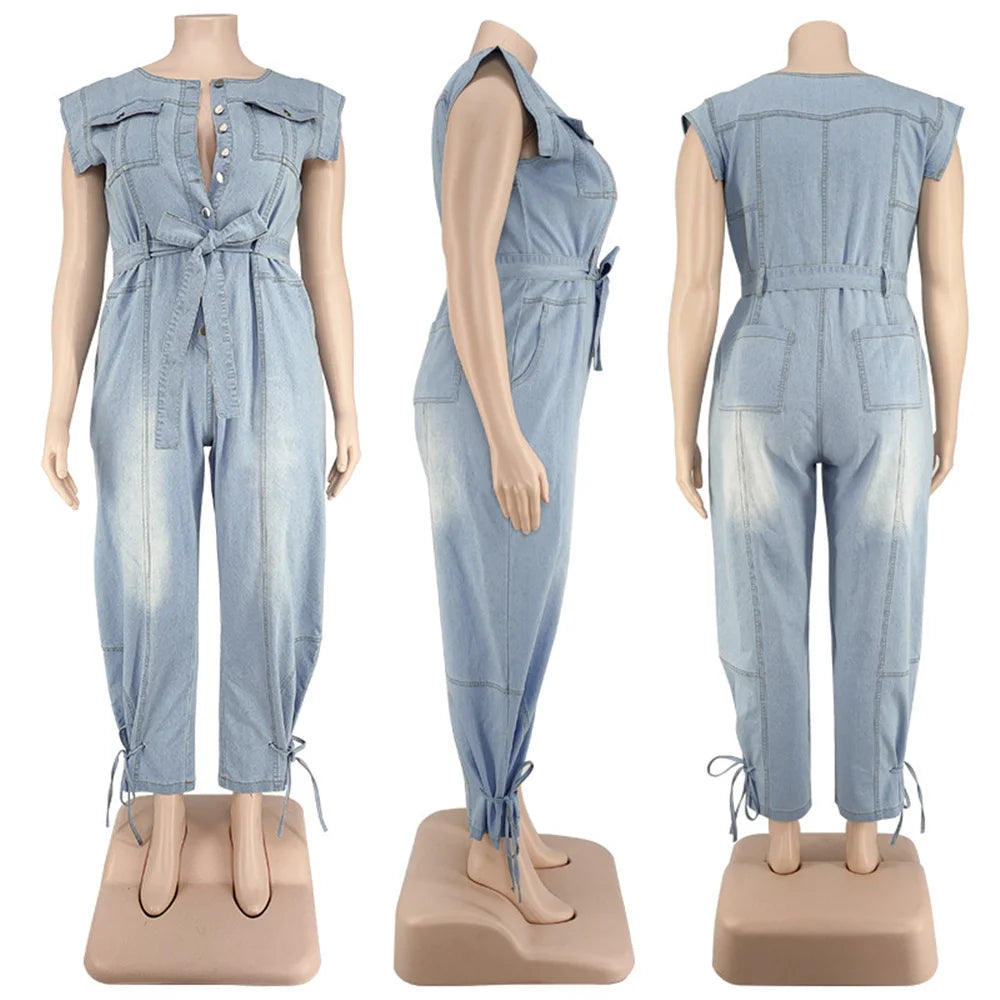 Jumpsuit Plus Size Women Clothing Denim Round Neck Lace Up Sleeveless Trousers Pocket Stretch Bodysuit Wholesale Dropshipping