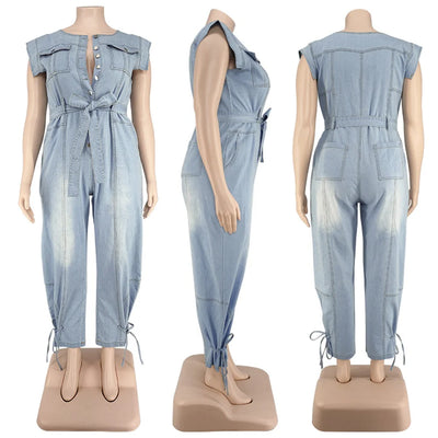 Jumpsuit Plus Size Women Clothing Denim Round Neck Lace Up Sleeveless Trousers Pocket Stretch Bodysuit Wholesale Dropshipping