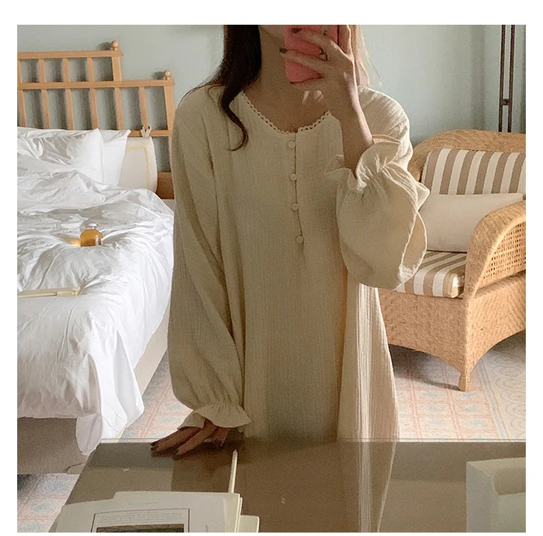 100% Cotton Woman Dress Cute Cherry Print Long Sleeve Button Up Korean Maxi Dresses Comfortable Homewear Vestido De Mujer