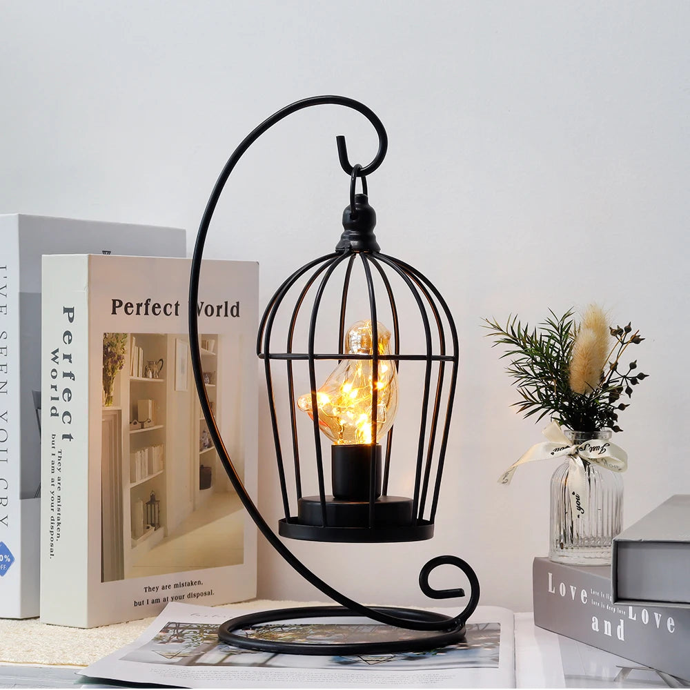 Elegant Birdcage Bulb Decorative Table Lamp Black Cordless Bar Dining Room Lamp Battery Powered Lamp for Other Event Decoration