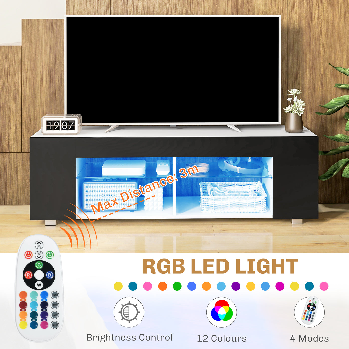 TV Stand 145cm TV Unit with Glass Shelves RGB LED Light for 60"TV Black