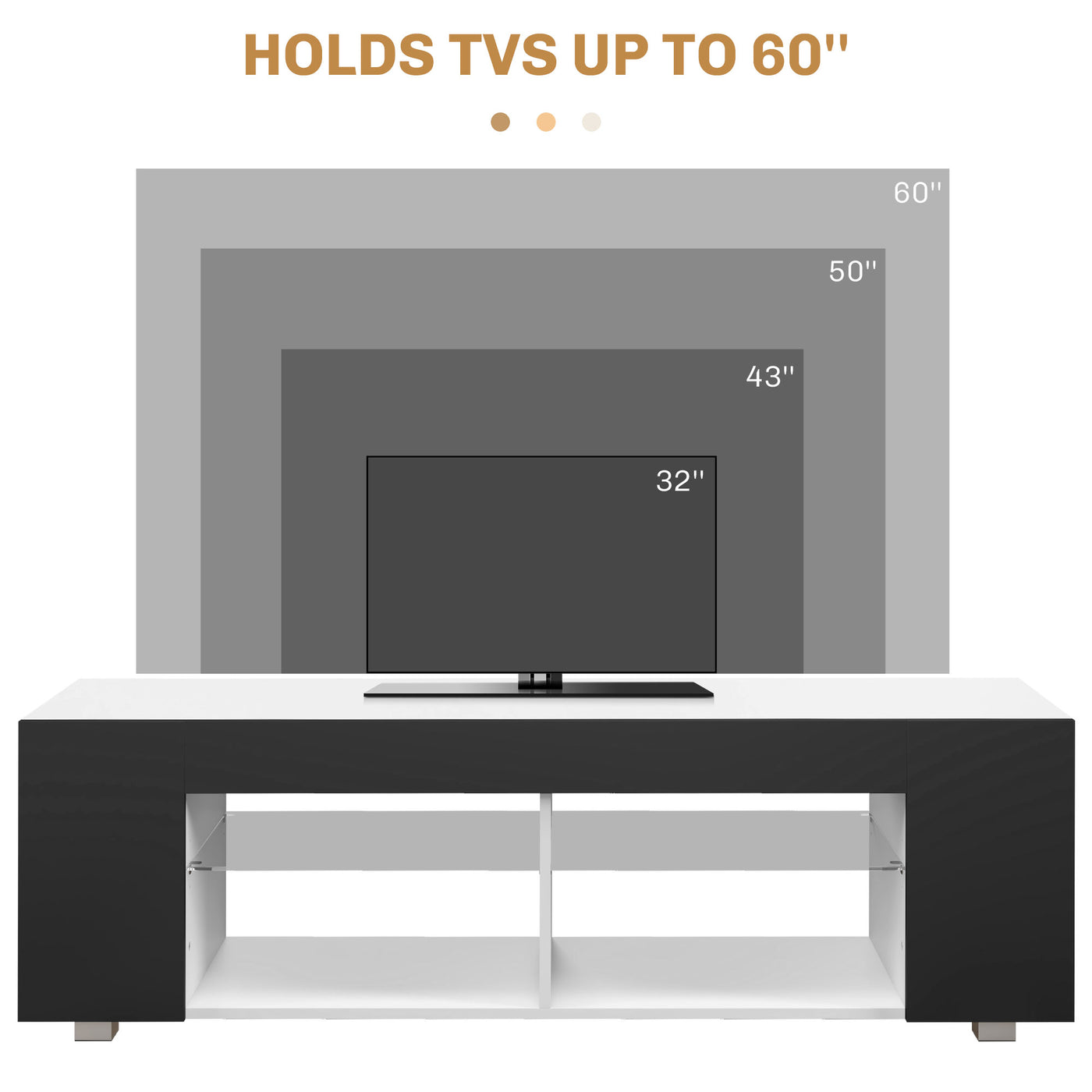 TV Stand 145cm TV Unit with Glass Shelves RGB LED Light for 60"TV Black