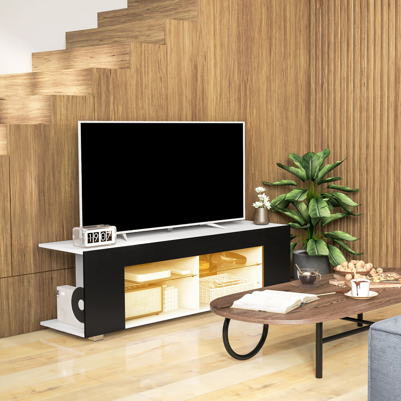 TV Stand 145cm TV Unit with Glass Shelves RGB LED Light for 60"TV Black