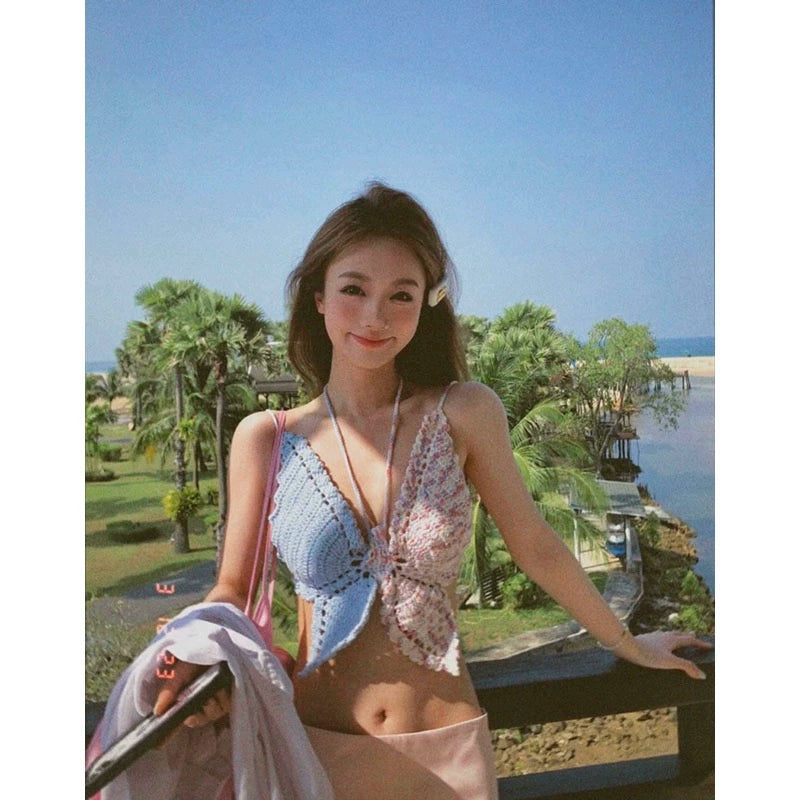 Pure Desire Knitting Tops Thai Sweet and Spicy Strappy Bow Tube Top Summer Outer Wear Short Seaside Vacation Short Vest