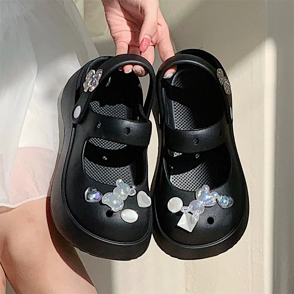 Thin Strip Sweet Rhinestone Mary Jane Sandals Fairy Style Fashion Summer Outwear Holiday Sandals Hole Shoes