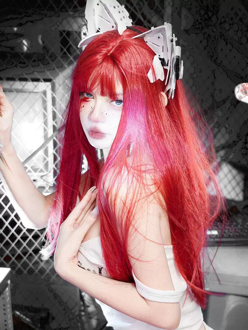 Y2g Sea King Red Long Straight Hair Full Head Cover Lolita Qi Bangs Gyaru Pull Red One-Size-Cut Long Hair Cos Universal