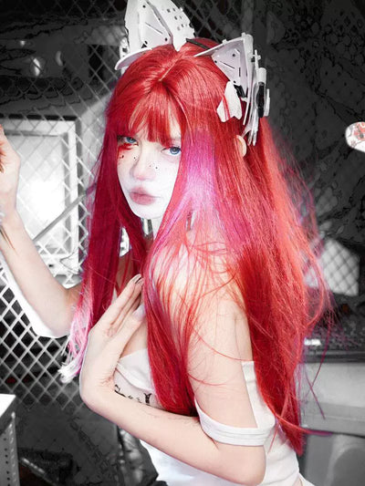 Y2g Sea King Red Long Straight Hair Full Head Cover Lolita Qi Bangs Gyaru Pull Red One-Size-Cut Long Hair Cos Universal
