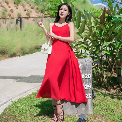 Red Lacing Chiffon Backless Bow Dress