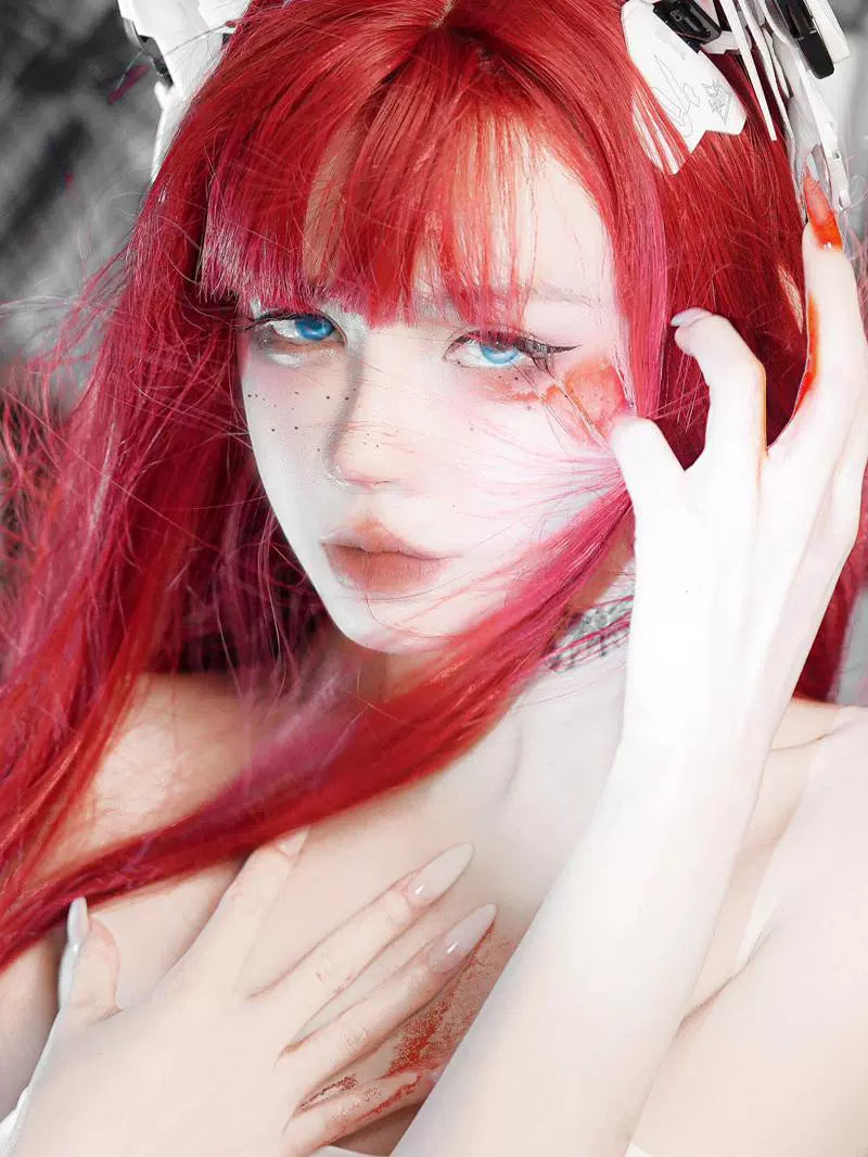 Y2g Sea King Red Long Straight Hair Full Head Cover Lolita Qi Bangs Gyaru Pull Red One-Size-Cut Long Hair Cos Universal
