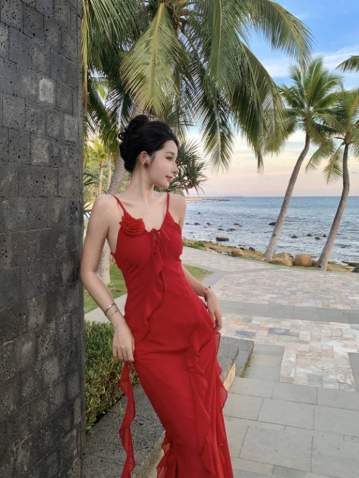 Thailand Sanya Seaside Holiday Beach Skirt Ruffles Irregular Spaghetti-Strap French Style Beautiful Red Chiffon Dress