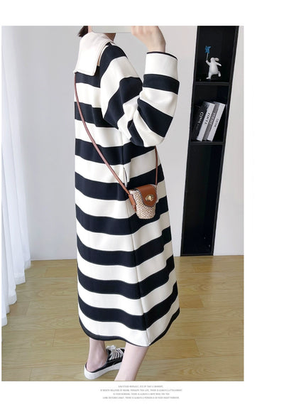 2025 Spring Clothing New Arrival K-style Plus Size Maternity Stripes Dress Fashionable Mom Pullover Sweatshirt Lapel Long Skirt