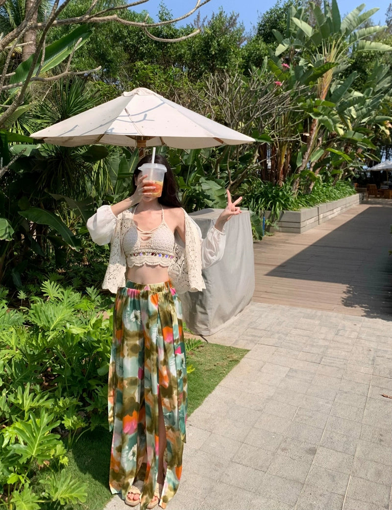 Ethnic Style Seaside Vacation Style Chiffon Loose Pants Suit + with Chest Pad Bikini Top + Sun-Protective Clothing Small Coat