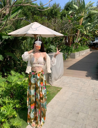 Ethnic Style Seaside Vacation Style Chiffon Loose Pants Suit + with Chest Pad Bikini Top + Sun-Protective Clothing Small Coat
