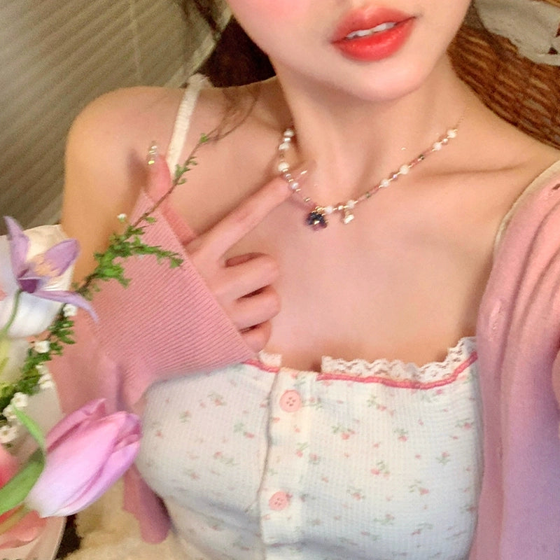 Spring Letter ~ Natural Stone Color Beaded Flower Pendant Necklace Female Dopamine Vacation Style Necklace Clavicle Chain