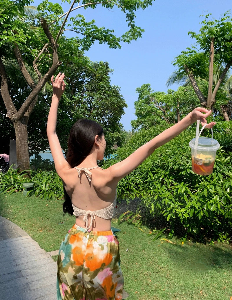 Ethnic Style Seaside Vacation Style Chiffon Loose Pants Suit + with Chest Pad Bikini Top + Sun-Protective Clothing Small Coat