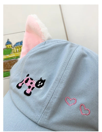 Y2g Sweet Cute Light Blue Cat Stuffed Ears Embroider Baseball Cap Female Easiest for Match Face-Looking Small Peaked Cap