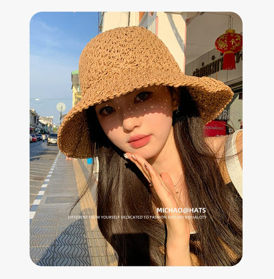 Straw Hat Female Summer New French Woven Bows Sun-Proof Bucket Hat Fresh Beach Trip Vacation Sun Hat