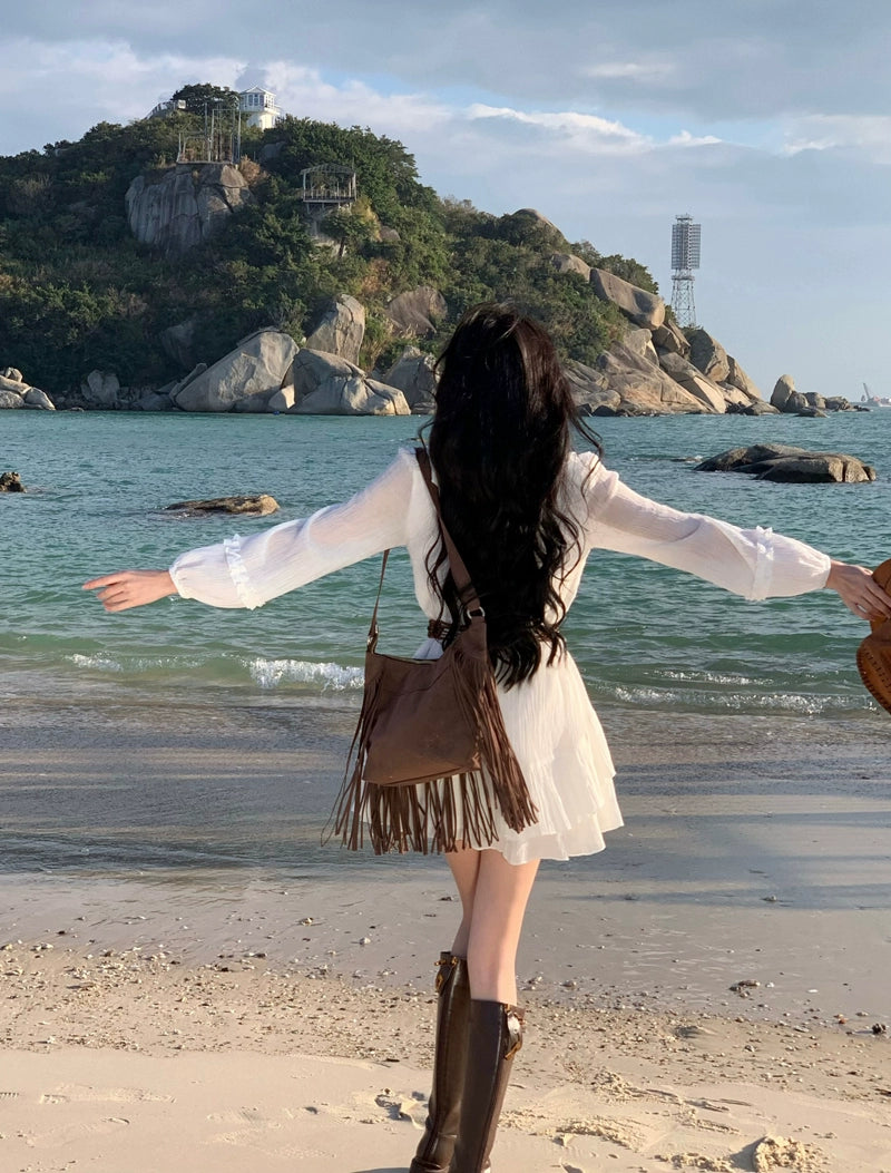 Pure First Date Sense Seaside Vacation Style Long Sleeves Dress