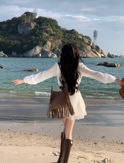 Pure First Date Sense Seaside Vacation Style Long Sleeves Dress