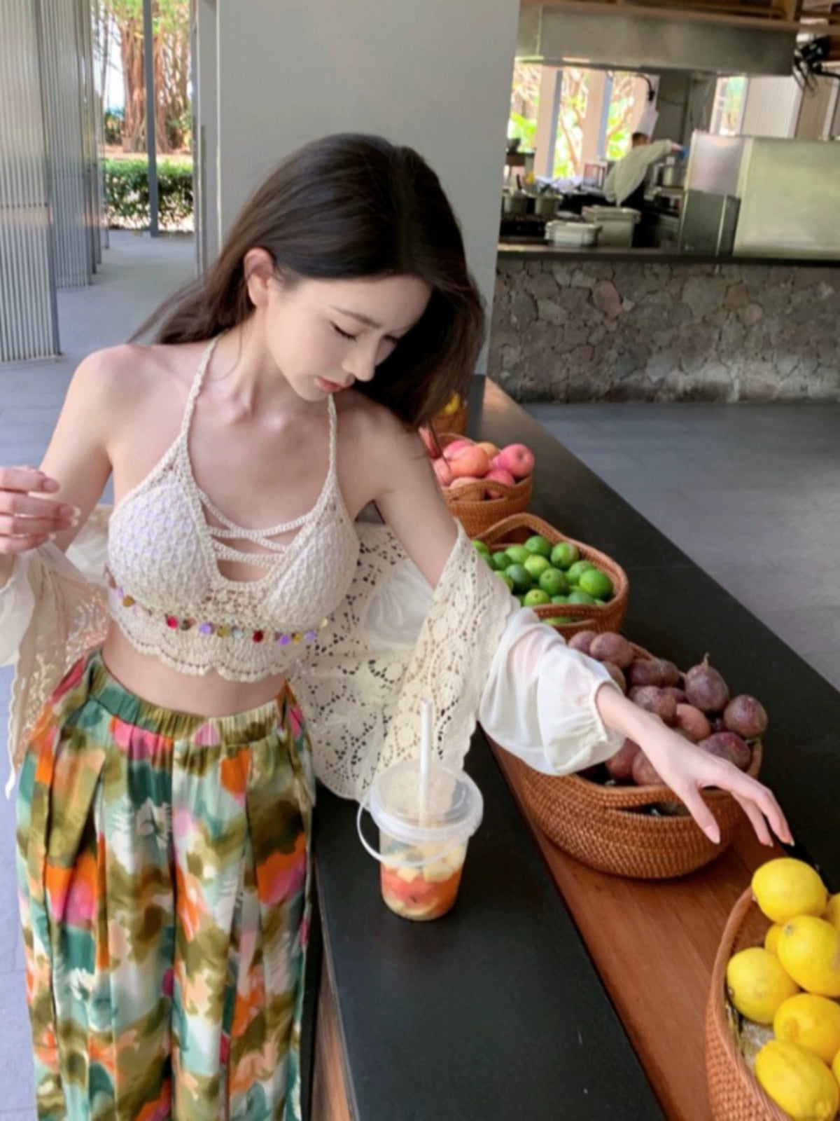 Ethnic Style Seaside Vacation Style Chiffon Loose Pants Suit + with Chest Pad Bikini Top + Sun-Protective Clothing Small Coat