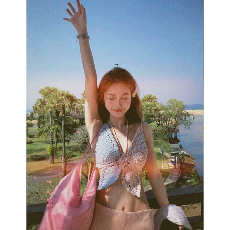 Pure Desire Knitting Tops Thai Sweet and Spicy Strappy Bow Tube Top Summer Outer Wear Short Seaside Vacation Short Vest