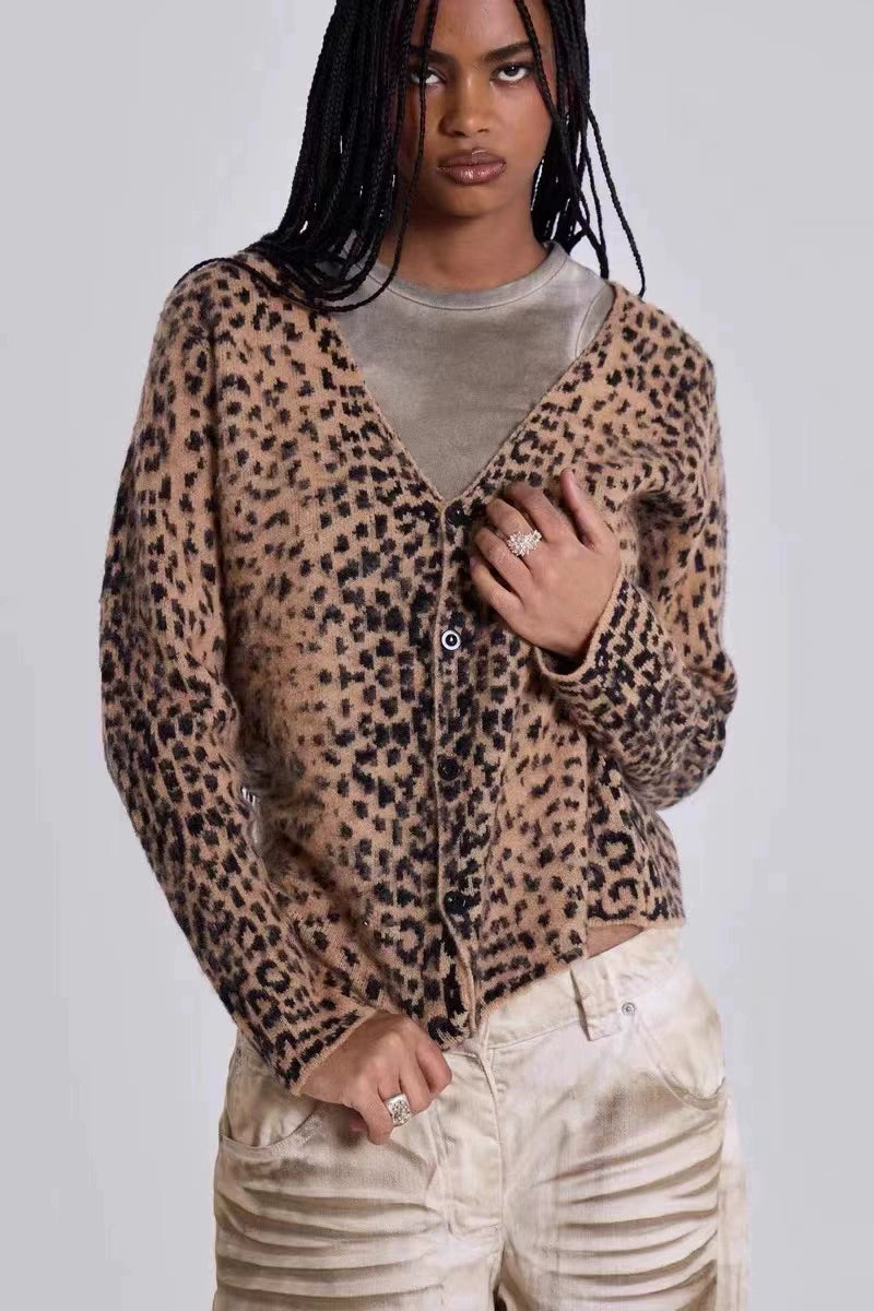 Y2g Fashion Soft Knitting V Neck Cardigan Leopard-Print Sweater
