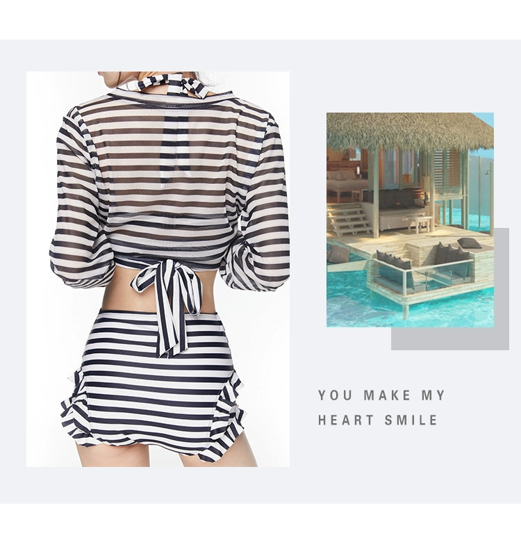 2025 New Arrival Sexy Swimsuit Women's Summer Push up Stripes Siamese Triangle Bikini Long Sleeves Blouse Flab Hiding Vacation