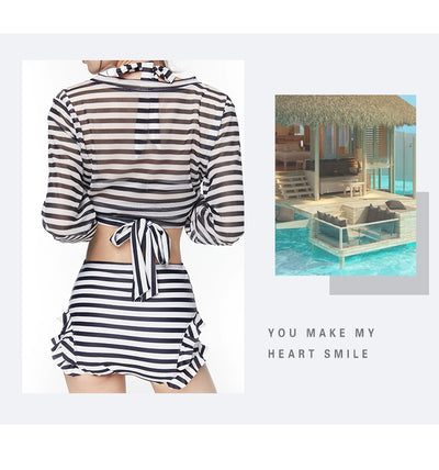 2025 New Arrival Sexy Swimsuit Women's Summer Push up Stripes Siamese Triangle Bikini Long Sleeves Blouse Flab Hiding Vacation