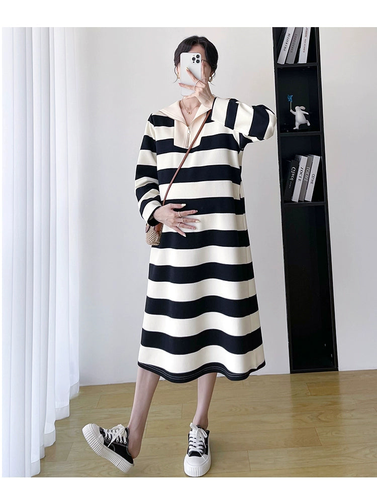 2025 Spring Clothing New Arrival K-style Plus Size Maternity Stripes Dress Fashionable Mom Pullover Sweatshirt Lapel Long Skirt