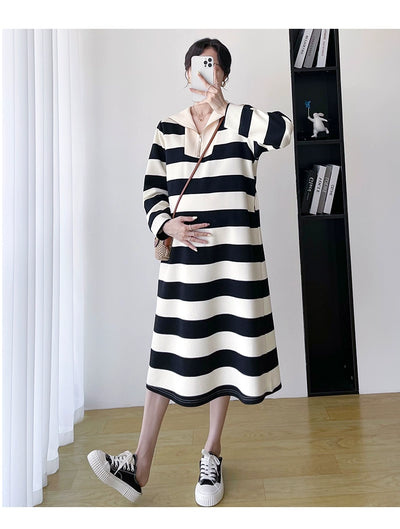 2025 Spring Clothing New Arrival K-style Plus Size Maternity Stripes Dress Fashionable Mom Pullover Sweatshirt Lapel Long Skirt