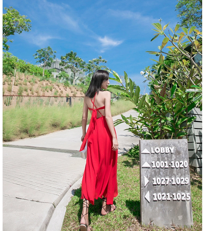 Red Lacing Chiffon Backless Bow Dress