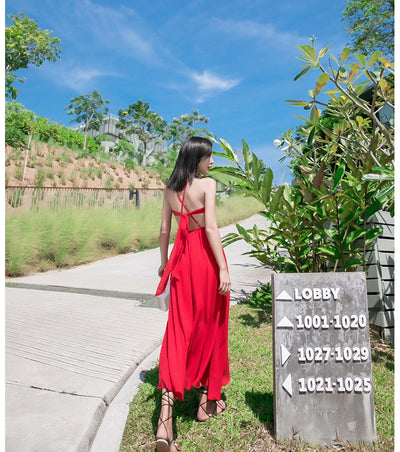 Red Lacing Chiffon Backless Bow Dress