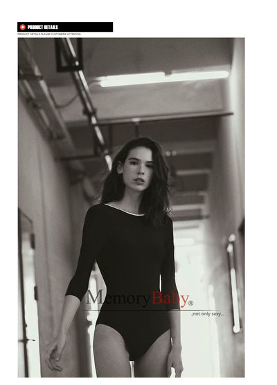 Memorybaby Holiday New Retro Elegant Conservative Cover Belly Thin Stunning Open Back Long-Sleeved One-Piece Swimsuit