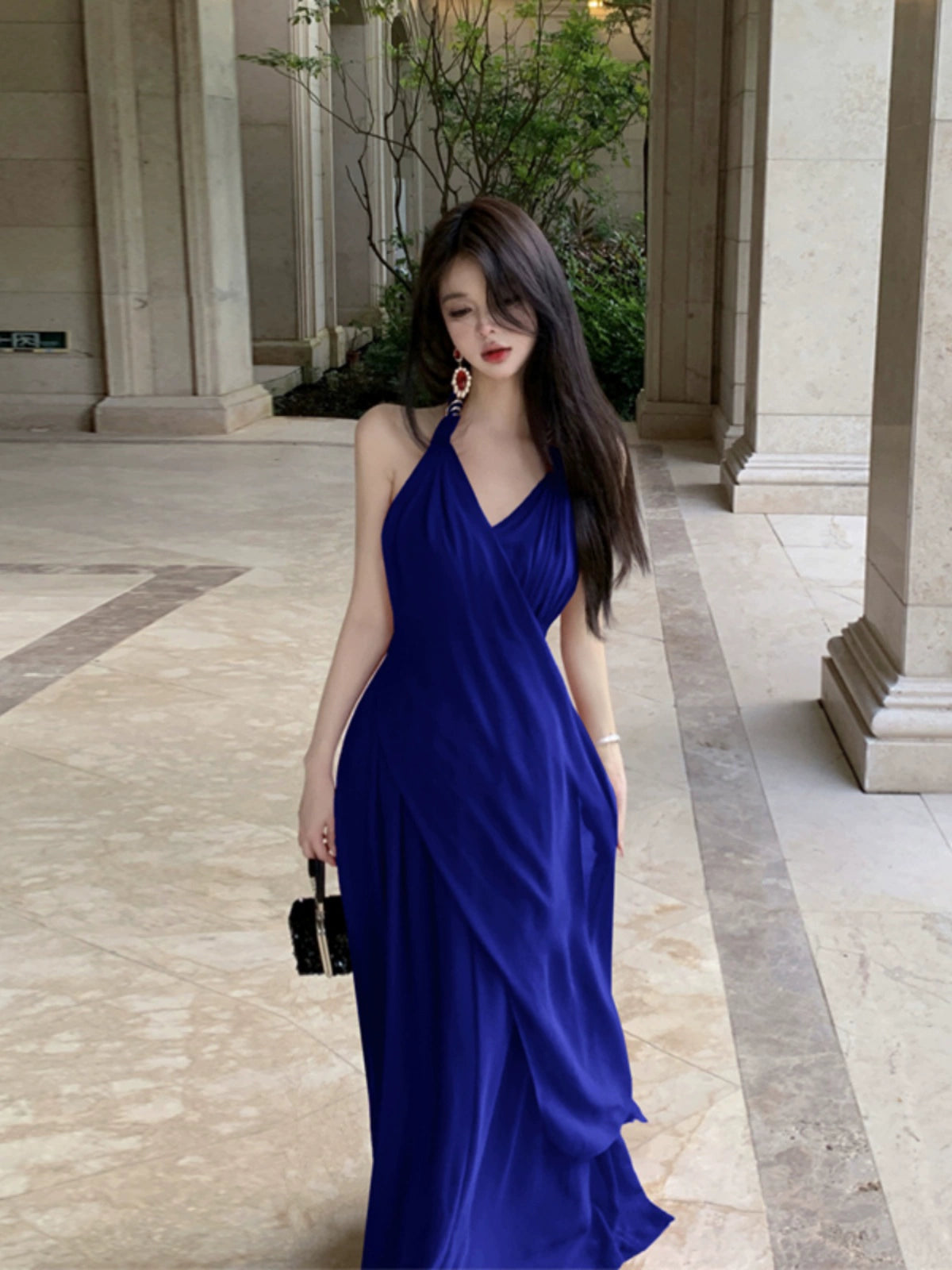 Beautiful Vacation Style Blue Halterneck Chiffon Drape Dress Long Women's Fancy Elegant Mop Long Dress