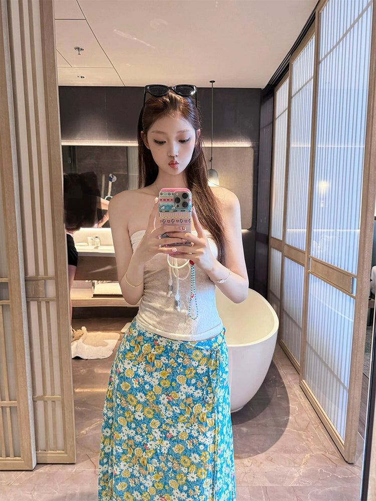 Seaside Vacation Style Suit Pure Desire Stylish White Halter Tube Top Blue Shirt Floral Skirt Two-piece Set
