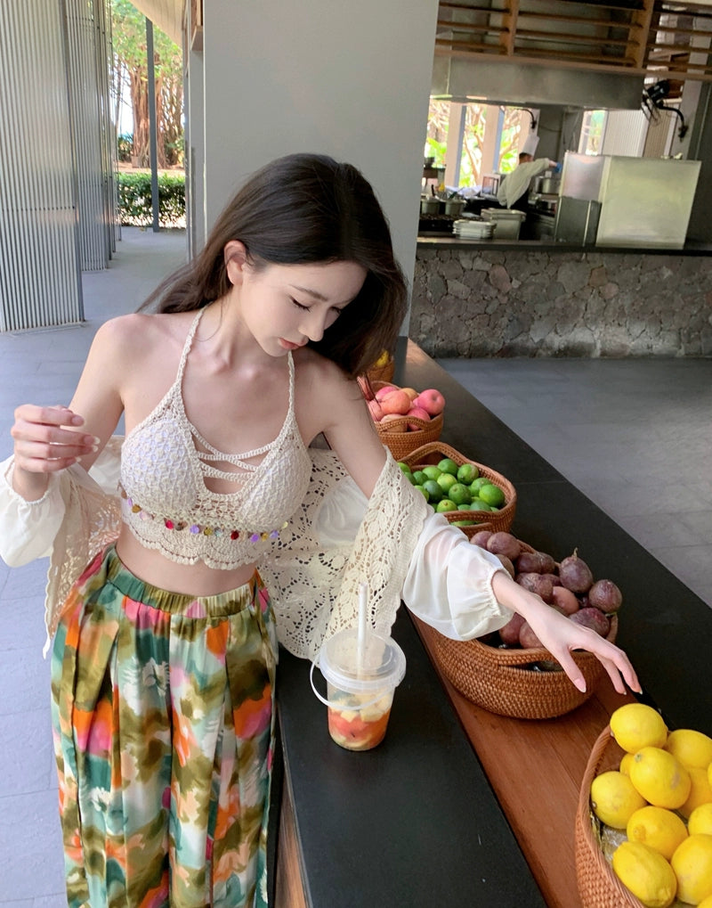 Ethnic Style Seaside Vacation Style Chiffon Loose Pants Suit + with Chest Pad Bikini Top + Sun-Protective Clothing Small Coat