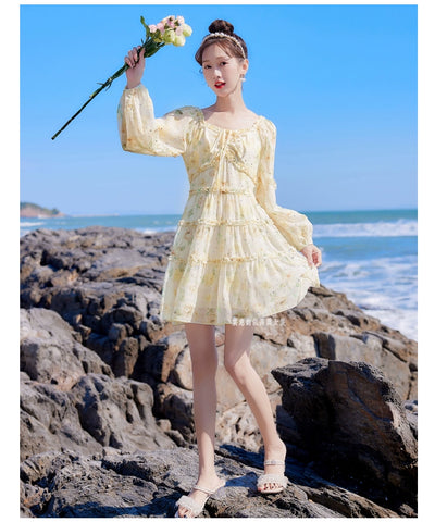 2025 Spring New Arrival Women's Spring Floral Dress Silm Fashion Waist-Controlled Long Sleeves Seaside Vacation Chiffon Skirt
