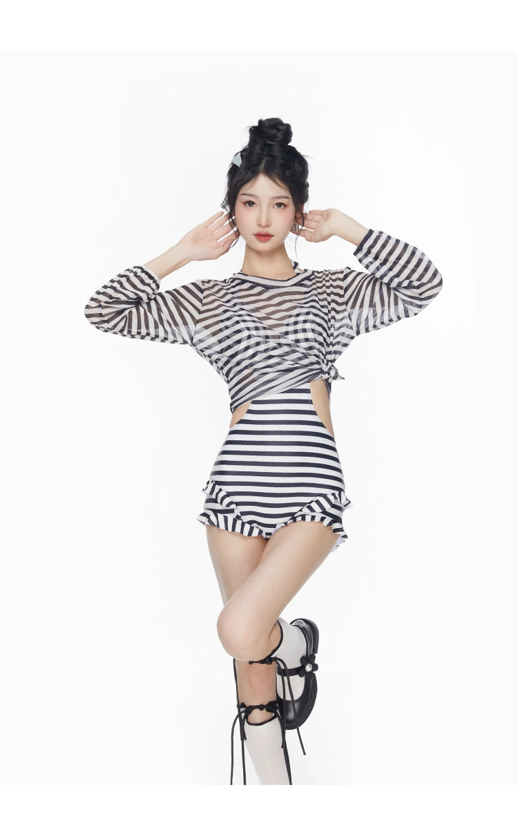 2025 New Arrival Sexy Swimsuit Women's Summer Push up Stripes Siamese Triangle Bikini Long Sleeves Blouse Flab Hiding Vacation