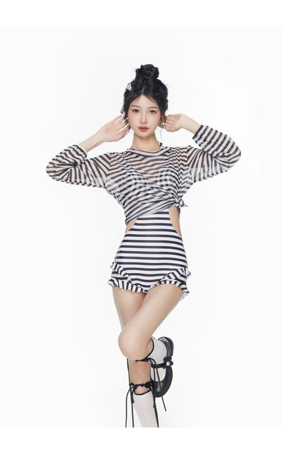 2025 New Arrival Sexy Swimsuit Women's Summer Push up Stripes Siamese Triangle Bikini Long Sleeves Blouse Flab Hiding Vacation