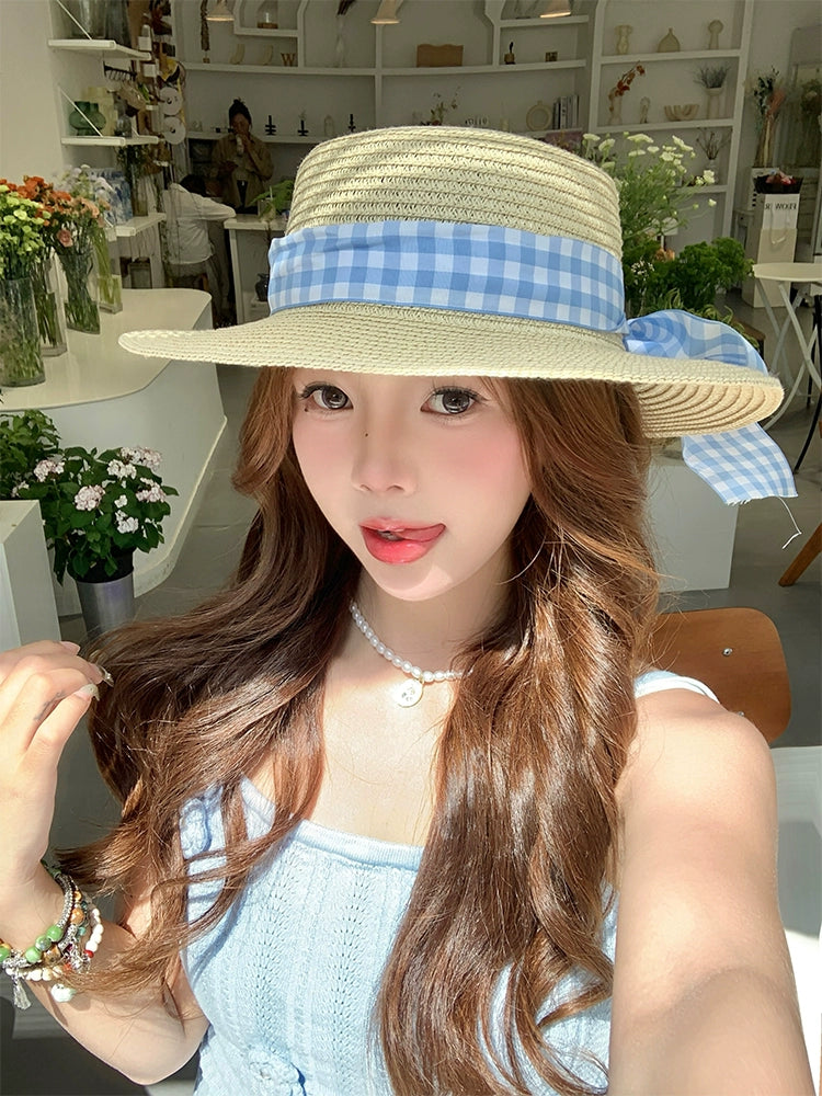 Straw Hat Japanese Style Women's Spring Summer Outing Plaid Bows
