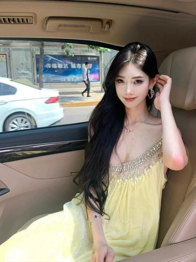 French Style Beautiful Yellow Elegant Heavy Industry Beads Diamond Strap Dress Loose and Idle Seaside Holiday Beach Dress