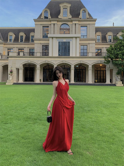 Beautiful Vacation Style Blue Halterneck Chiffon Drape Dress Long Women's Fancy Elegant Mop Long Dress