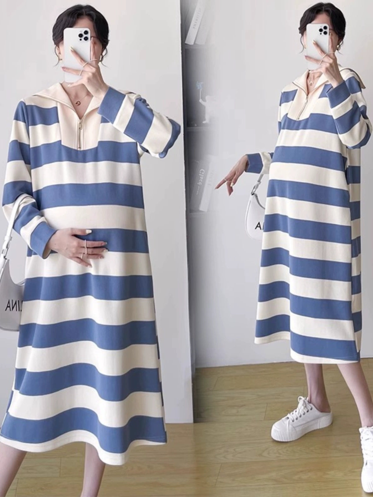 2025 Spring Clothing New Arrival K-style Plus Size Maternity Stripes Dress Fashionable Mom Pullover Sweatshirt Lapel Long Skirt