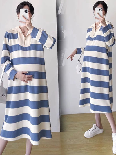2025 Spring Clothing New Arrival K-style Plus Size Maternity Stripes Dress Fashionable Mom Pullover Sweatshirt Lapel Long Skirt