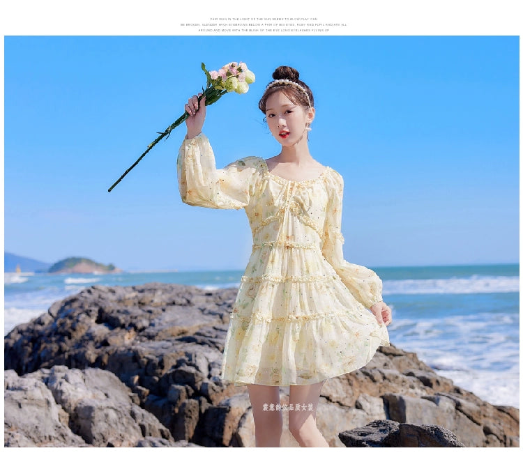 2025 Spring New Arrival Women's Spring Floral Dress Silm Fashion Waist-Controlled Long Sleeves Seaside Vacation Chiffon Skirt