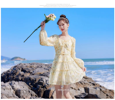 2025 Spring New Arrival Women's Spring Floral Dress Silm Fashion Waist-Controlled Long Sleeves Seaside Vacation Chiffon Skirt