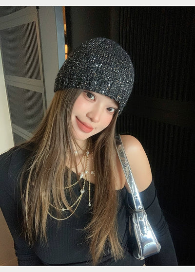 Zhao Lusi Same Style ~ Homemade Bows Sequin Knitted Cold Cap Female Y2g Sexy Wind Show Face Small Toe Cap Pile Heap Cap