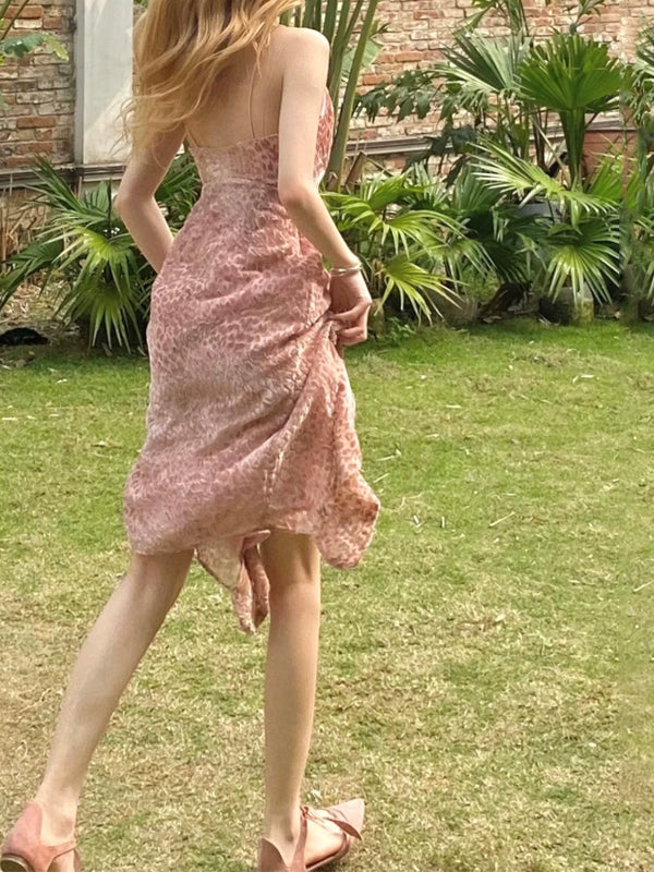 Beach Dress Women's Seaside Vacation Super Fairy French Pink Leopard Print Sling Dress Super Nice Unique Beautiful Dress