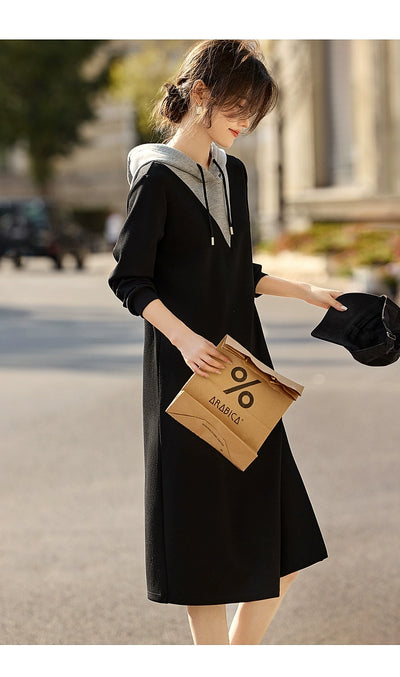 Xwi Xin Not Contrast Color Patchwork Hoodie Dress Female 2024 Autumn Simplicity Generous Slimming Elegant Long Dress